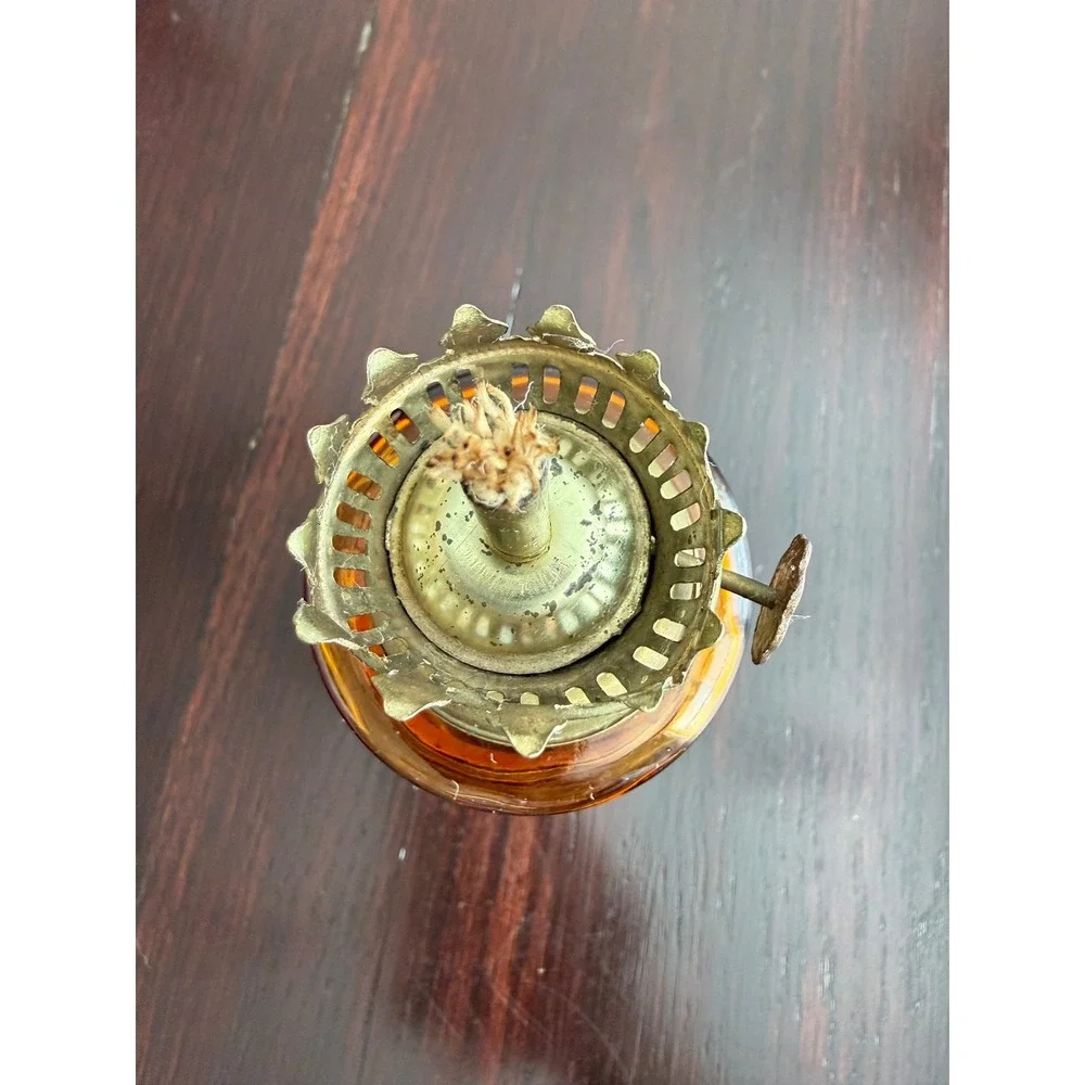Vintage Amber Glass Miniature Oil Lamp The Last Supper Religious Lantern 6 inch